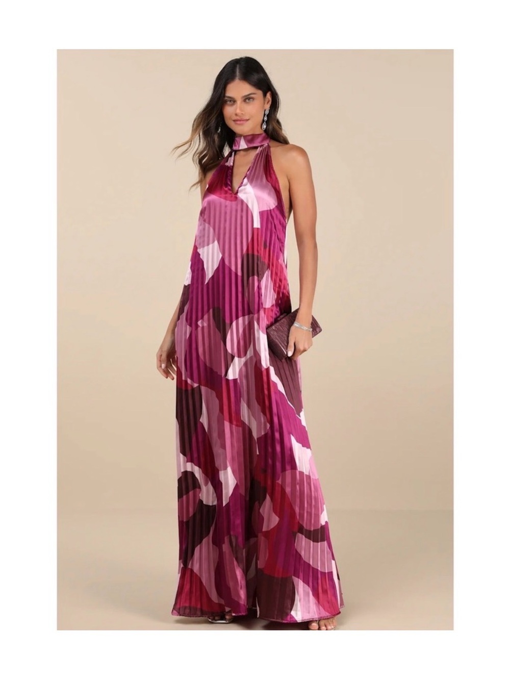 NWT Lulu's Magenta & Pink Halter Pleated Maxi Dress